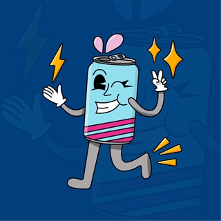drawing of teal cartoon aluminum drink can with pink stripes running and doing a peace sign with whi