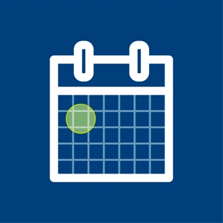 white on blue graphic of monthly wall calendar with green dot on a date near beginning of month