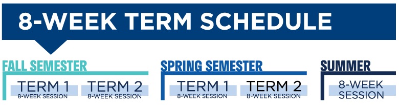 Graphic depicting two 8-week sessions during fall semester, two 8-week sessions during spring semester, and one 8-week session during summer